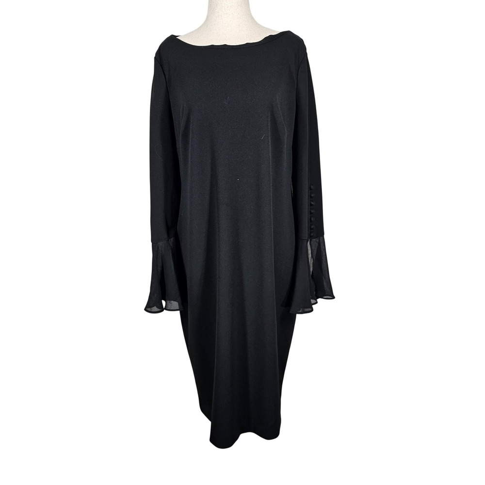 Calvin Klein Dress Womens 16 Black Long Bell Sleeve Sheath Knee Length Cocktail